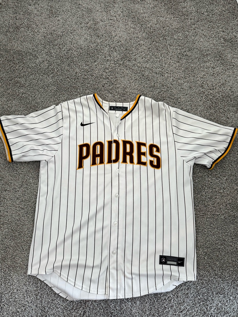 Nike Padres White Pinstripe Jersey with Brown and Gold Trim